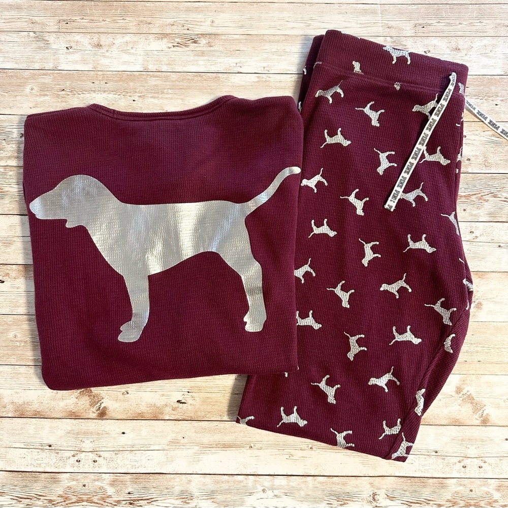 PINK Victoria’s Secret Maroon Dog Print Thermal Pajamas Sleepwear Set SZ Medium
